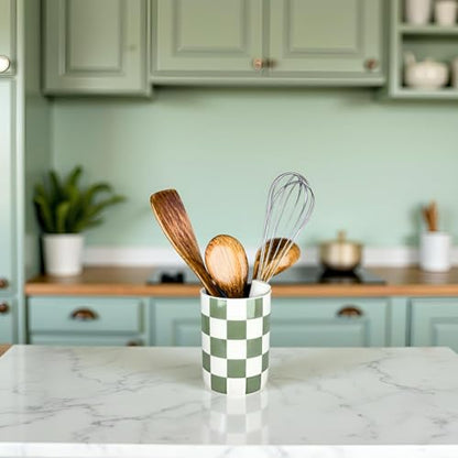 Checkered Utensil Holder, 4.13''x5.71" Utensils Ca... (Sage Green | Ceramic)