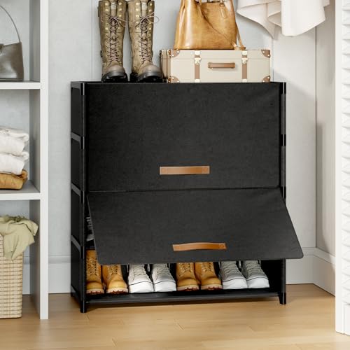 5 Tier Shoe Cabinet with Door, 20-Pair Storage, Black | Ideal for daily family use. Door keeps shoes dust-free. Stops pets from chewing. Simple tool-free install.