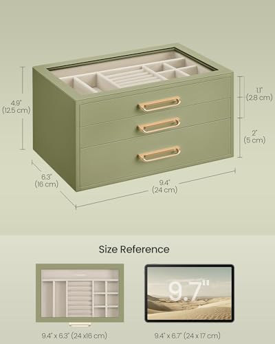 SONGMICS Jewelry Box with Glass Window, 3-Layer Organizer | Jewelry storage organizer with 3 drawers, Golden Handles, for Rings, Earrings, Bracelets, Gift Idea, Sage Green UJBC206CE01S