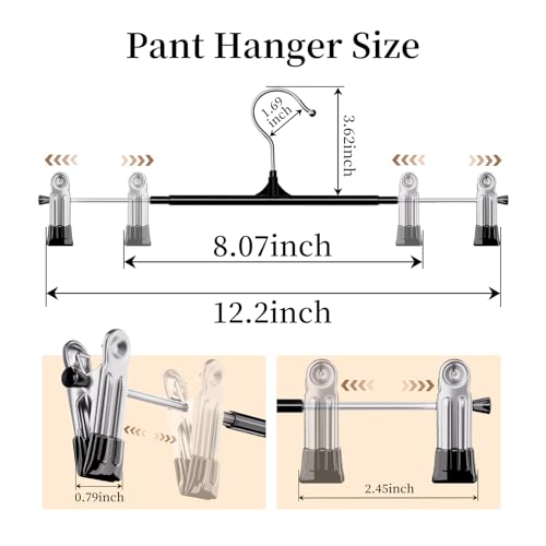 Pants Hangers with Clips 30 Pack, 12 Inch Adjustable Non-Slip Heavy Duty Skirt Hangers for Women, Space Saving Clothes Hangers for Pants, Jeans, Trousers, Shorts, Slacks, Dresses, Black