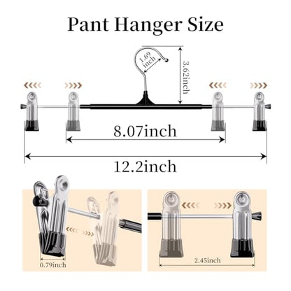 Pants Hangers with Clips 30 Pack, 12 Inch Adjustable Non-Slip Heavy Duty Skirt Hangers for Women, Space Saving Clothes Hangers for Pants, Jeans, Trousers, Shorts, Slacks, Dresses, Black