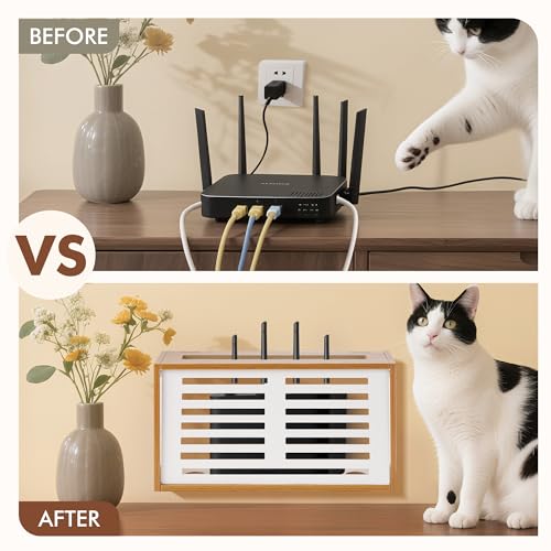 Router Shelf Wall Mount, WiFi Router Box Hider & Modem Storage Box with Cable Holes | Cable Management Organizer for Router, Modem, Power Strip | White, 13.9"x4.33"x7.68"