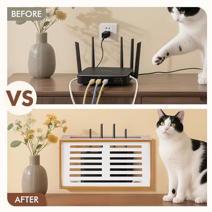 Router Shelf Wall Mount, WiFi Router Box Hider & Modem Storage Box with Cable Holes | Cable Management Organizer for Router, Modem, Power Strip | White, 13.9"x4.33"x7.68"