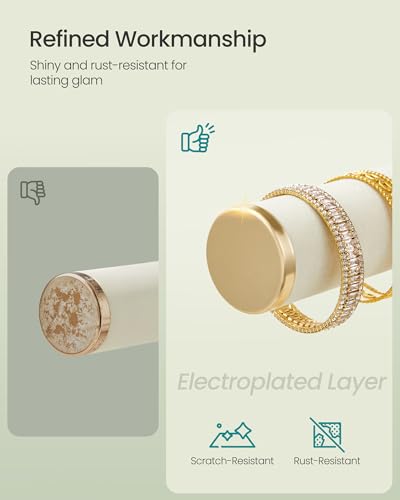 SONGMICS Bracelet Holder Stand, Jewelry Display Stand, Jewelry Organizer, with 2 Tiers and Velvet Tray, Earring Organizer, Removable Ring Holder, Cream White and Pale Gold UJJS046W101