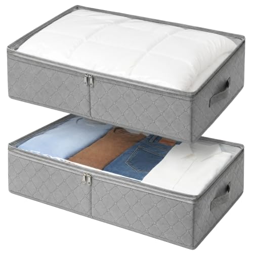 LotFancy Under Bed Storage Bags with Clear Window & Handles, 24” x 16” x 6" | Foldable Closet Organizers, Clothes Blankets Container, Space-saving Storage Bins, with Cardboard Support, Pack of 2, Gray