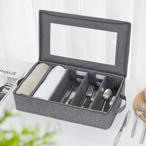 Flatware Utensil Storage Case, Silverware Storage Box Chest with Dividers | 5 Compartment Flatware Storage Box with Zipper Lid for Organizing Cutlery, Flatware, Knives, Large Capacity Gray
