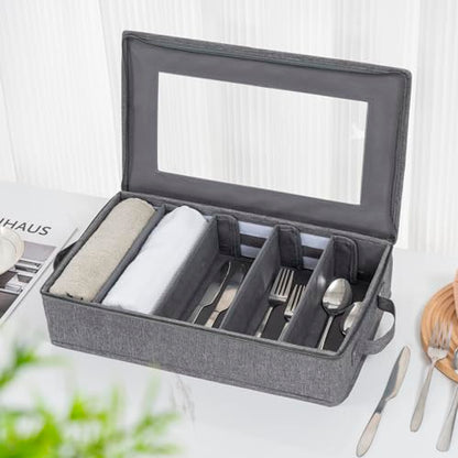 Flatware Utensil Storage Case, Silverware Storage Box Chest with Dividers | 5 Compartment Flatware Storage Box with Zipper Lid for Organizing Cutlery, Flatware, Knives, Large Capacity Gray