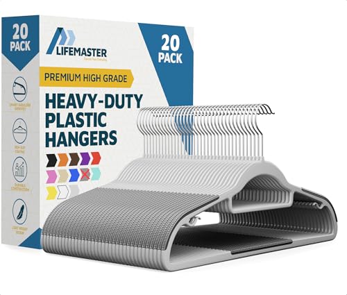 Lifemaster Plastic Clothes Hanger Set - 20 Pieces Versatile, Lightweight, Space-Saving, Non-Slip, Slim Designed, Dry and Wet Clothes Hanger Set with 360° Swivel Hook and Rubber Coating - Gray