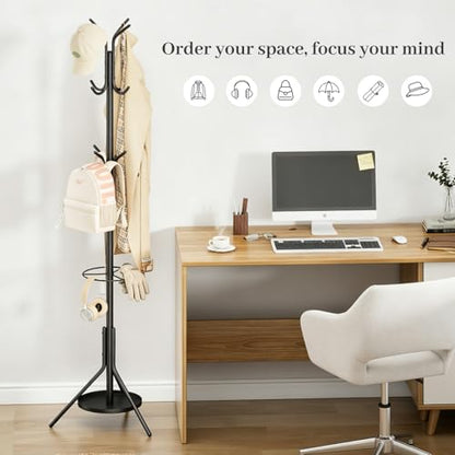 Coat Rack Freestanding,Metal Coat Tree with Umbrella Holder,Hat and Coat Rack Stand for Entryway, Hallway, Living Room, Bedroom (Black)