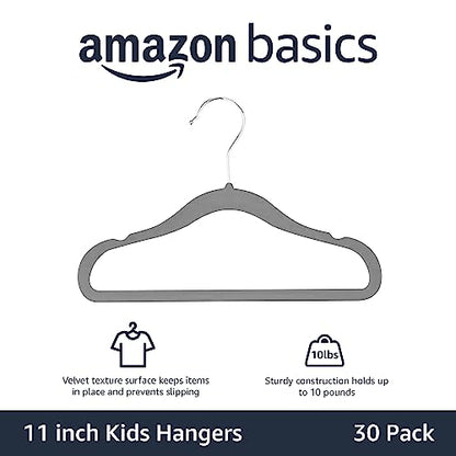 Amazon Basics Kids Velvet Non-Slip Space Saving Clothes Hangers with Shoulder Notches, Sturdy Closet Organizer for Baby/Toddler, 11.6", Gray, 30-Pack