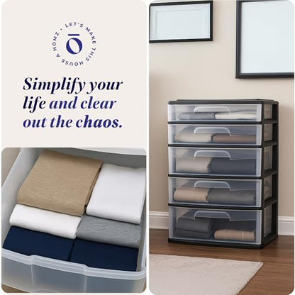 HOMZ Drawer Tower, 5-Tier Extra-Wide Clear Plastic Storage Organizer Cart, Black Frame - Stackable Container Boxes for Bedroom, Bathroom, Garage, and Office Organization