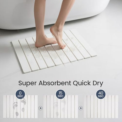 Meowoo Foldable Stone Bath Mat, 15.7"x11.8" Diatomaceous Earth Bath Mat, Non-Slip Quick Dry Bathroom Floor Mats, Super Absorbent, Easy to Clean, Stone Bathroom Floor Mats for Bathtub Front - White
