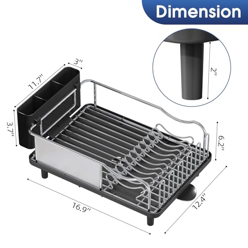Urackify Stainless Steel Dish Drying Rack for Kitchen Counter, Black | Rustproof Dish Rack with Utensil Holder, 16.9" L x 12.4" W Large Capacity, Auto Drain Dish Drainer for Plate Dish Sliverware
