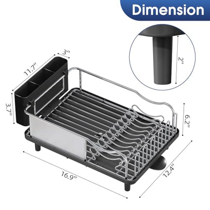 Urackify Stainless Steel Dish Drying Rack for Kitchen Counter, Black | Rustproof Dish Rack with Utensil Holder, 16.9" L x 12.4" W Large Capacity, Auto Drain Dish Drainer for Plate Dish Sliverware