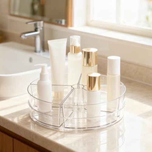 360° Rotating Makeup Organizer 10.5" Clear Turntable Lazy Susan Organizer for Vanity, Bathroom Counter, Cabinet, Spinning Cosmetic Storage Holder with 5 Removable Dividers for Skincare, Makeup Brushes