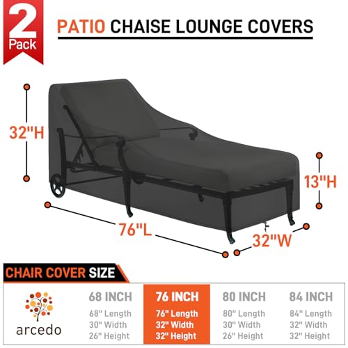 Outdoor Lounge Chair Covers 2 Pack, Waterproof Patio Chaise Lounge Cover for Outdoor Furniture and Outside Stackable Cushions, 76" x 32" x 32" H, Black