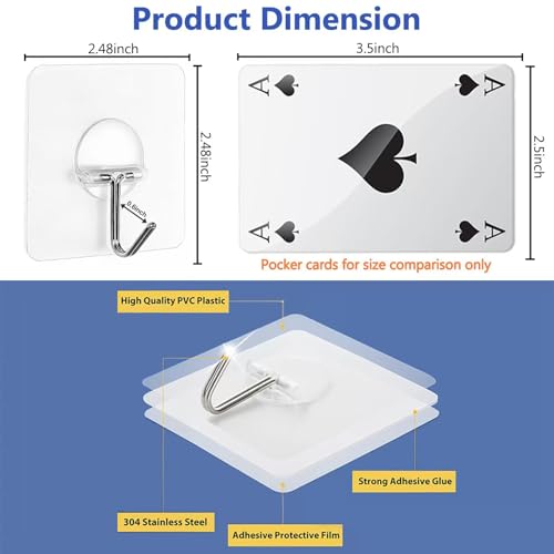 Adhesive Wall Hooks No Drill Clear Heavy Duty, 13LB Sticky 12 Pack | Waterproof Transparent Sticky Hooks for Hanging, 13lbs Max Load No Damage,Ideal for Towel,Coat,Bathroom,Kitchen,Home