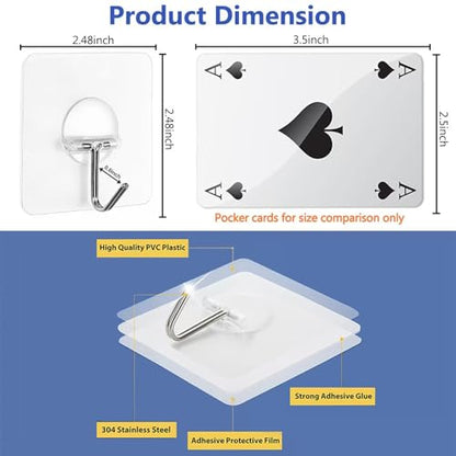 Adhesive Wall Hooks No Drill Clear Heavy Duty, 13LB Sticky 12 Pack | Waterproof Transparent Sticky Hooks for Hanging, 13lbs Max Load No Damage,Ideal for Towel,Coat,Bathroom,Kitchen,Home