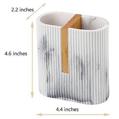 Toothbrush Holders for Bathroom, Bamboo Toothbrush Stand, Marble White | Electric Toothbrush and Toothpaste Organizer for Bathroom Sink Countertop Storage, Modern Brushing Accessories