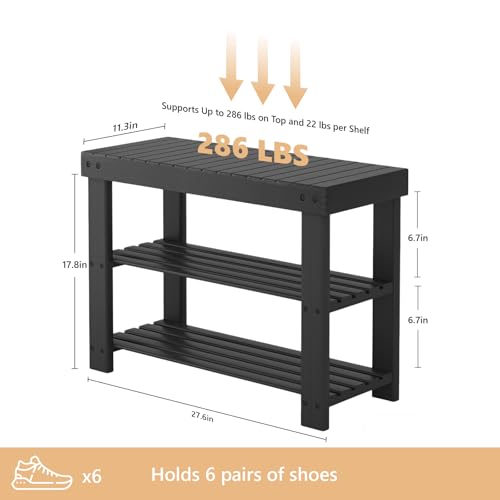 Sweetcrispy 3-Tier Shoe Rack Bench for Entryway, 27 Inches, Black | Bamboo Shoe Storage Bench, Shoes Rack for Entrance, Bedroom, Living Room, Balcony, 6 Pairs, 286lb Capacity