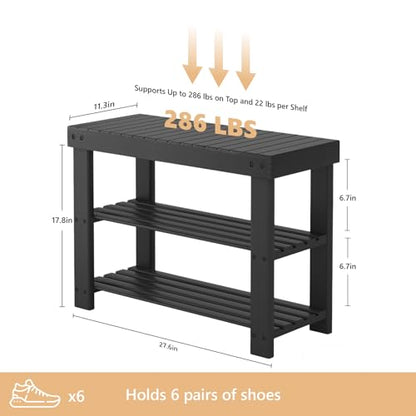 Sweetcrispy 3-Tier Shoe Rack Bench for Entryway, 27 Inches, Black | Bamboo Shoe Storage Bench, Shoes Rack for Entrance, Bedroom, Living Room, Balcony, 6 Pairs, 286lb Capacity