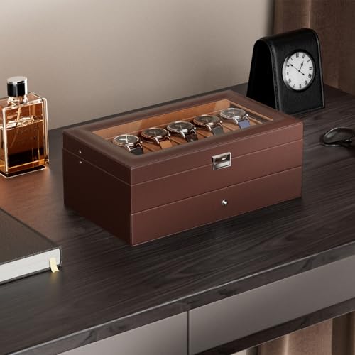 ProCase Watch Box, 12 Slot Watch Case for Men with Drawer, Espresso | 2-Layer Watches Display Case with Glass Lid, Mens Jewelry Box Storage Holder Organizer, Anniversary Christmas Birthday Gift