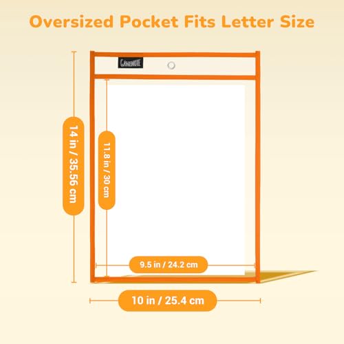 GAMENOTE 30 Pack Dry Erase Pockets, 10x14 Reusable Sleeves, 10 Colors | 30 reusable PVC pockets hold 8.5 x 11 and 9 x 12 sheets; double sided wipe clean surfaces, pen loops, eyelets, and 5 rings