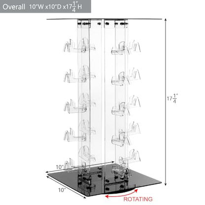 MOOCA Acrylic Rotating Eyewear Display Stand, Holds 20 Frames | Premium rotating acrylic eyewear rack with oversized supports holds up to 20 large sunglasses or frames and assembles easily.