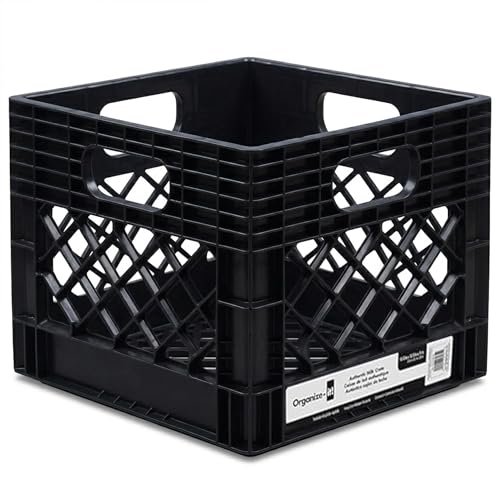 4 Pack Storage Milk Crate, Heavy-Duty Versatile Box, Black | Plastic Open Top Multi-purpose Organizers with Easy-Grip Handles, Interior 12.25"L x 12.25"W x 10.5"H