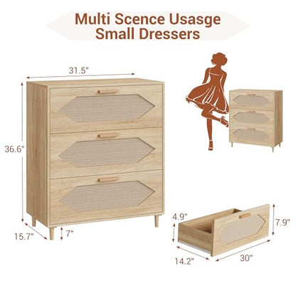GAOMON 3 Drawer Dresser for Bedroom, 31.5 Inch Wide Rattan Modern Closet Dressers Chest of Drawers, Wood Oak Storage Chest for Kids Bedroom, Hallway, Living Room, Hallway, Natural