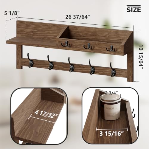 Wall Hooks with Shelf, 26.57 Inch Entryway Wood Coat Hooks for Wall with Shelf, Coat Rack Wall Mount with 5 Dual Hooks 3 Key Hooks Mail Organizer and Key Rack Holder (Brown)