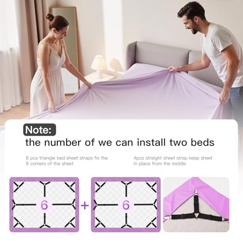 EasYoung 12PCS Bed Sheet Straps, Secure & Adjustable Fitted Sheet Holders for Full, Queen, King & More, Heavy Duty Nylon & Metal Clips