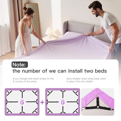 EasYoung 12PCS Bed Sheet Straps, Secure & Adjustable Fitted Sheet Holders for Full, Queen, King & More, Heavy Duty Nylon & Metal Clips