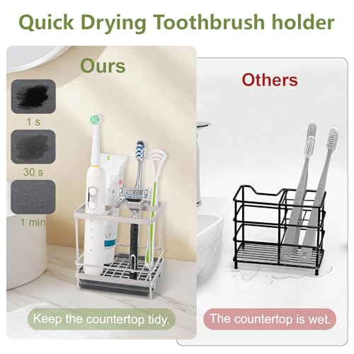 Electric Toothbrush Holders for Bathrooms Toothpaste Organizer, Sliver | Carbon Steel, Removable Diatomite Drip Tray, 5 Slots Kids Tooth Brush Holder for Countertop, Shower, Vanity
