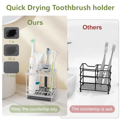 Electric Toothbrush Holders for Bathrooms Toothpaste Organizer, Sliver | Carbon Steel, Removable Diatomite Drip Tray, 5 Slots Kids Tooth Brush Holder for Countertop, Shower, Vanity