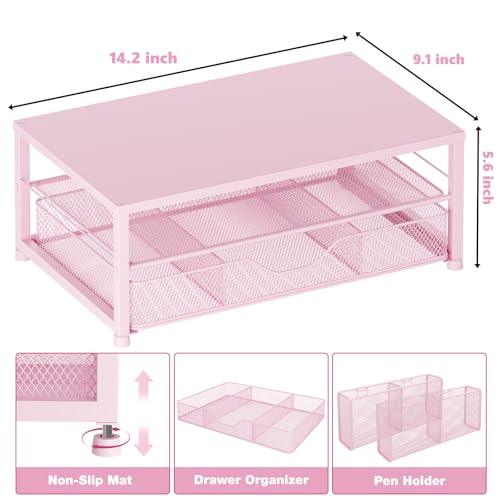 Desk Organizer and Accessories, 2-Tier Computer Monitor Stand Riser with Drawer and 2 Pen Holders, Laptop Stand, Office Desk Accessories for Office Supplies, 1 Pack, Pink
