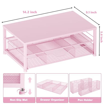 Desk Organizer and Accessories, 2-Tier Computer Monitor Stand Riser with Drawer and 2 Pen Holders, Laptop Stand, Office Desk Accessories for Office Supplies, 1 Pack, Pink