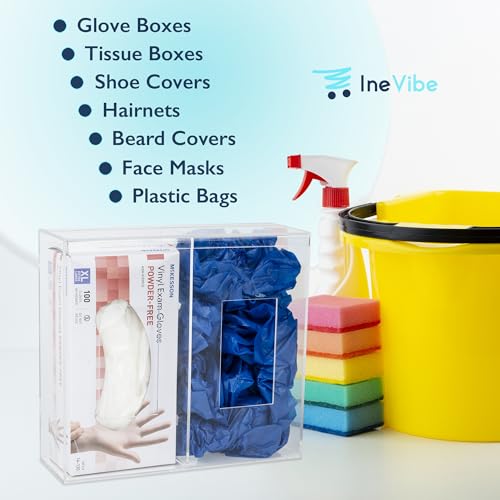 IneVibe 2 Compartment Hygiene Holder with Lid for Home or Office (Double) | Double Acrylic Dispenser For Hairnets, Glove Boxes, Face Masks, Plastic Bags, Tissue Boxes, Medical- Countertop or Wall Mount