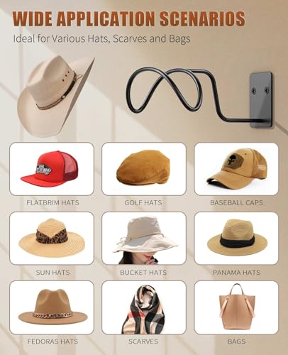 Cowboy Hat Holder, (4 Pack) Cowboy Hat Rack for Wall Mount, Metal Hat Organizer Storage Cowboy Hats Hanger Hooks for Fedora, Sun Hats, Wide Brim