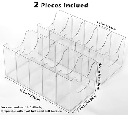 Belt Organizer - 2 Pack Clear Stackable Belt holder For Closet Drawer Storage - 5 Compartments with Removable Dividers, Multi-Purpose Display Bins With Inserts For Ties,Socks,underwear (2)