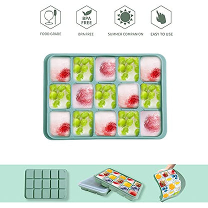 Ice Cube Trays Set of 2, 15-Cube Silicone Molds with Removable Lids | Stackable, easy release, BPA-free, reusable, for freezer and whiskey