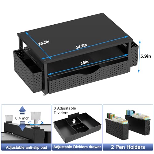 Desk Organizer and Accessories, Computer Monitor Stand Riser with Drawer and 2 Pen Holders, Office Desk Accessories & Workspace Organizers for Office Supplies (Black)