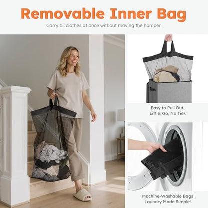 SOLEDI Laundry Hamper with Lid 100L Large & Tall Collapsible Laundry Basket, Clothes Hamper with Bag Removable Easy to Carry, Dirty Hampers for Bedroom, Bathroom, Dorm, College, Grey