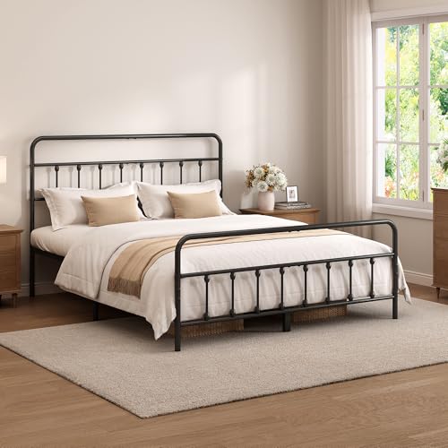Queen Size Black Metal Bed Frame with Headboard and Footboard, 12 Inch Underbed Storage Space, Heavy Duty Mattress Foundation with Steel Slat Support No Box Spring Needed
