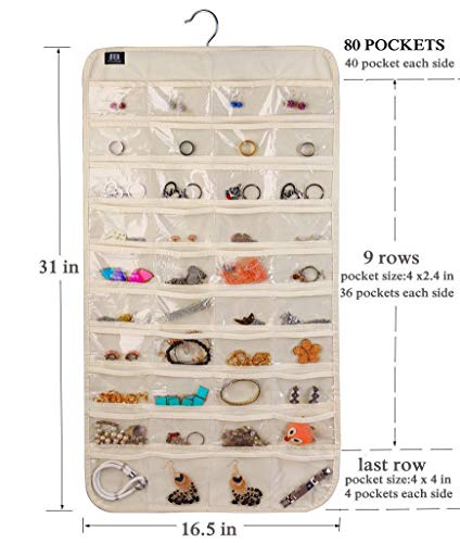 Hanging Jewelry Organizer,Accessories Organizer,80 Pocket Organizer for Holding Jewelries（Beige）