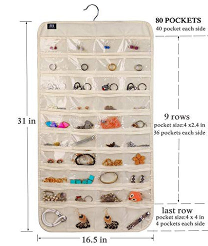 Hanging Jewelry Organizer,Accessories Organizer,80 Pocket Organizer for Holding Jewelries（Beige）
