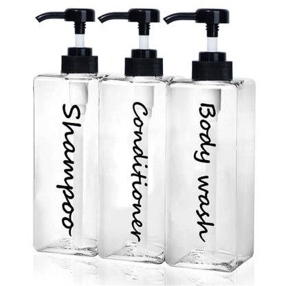 Shampoo Dispenser - Refillable Shampoo and Conditioner Bottles (Clear, Set of 3, 21oz) - Modern Shampoo Bottles for Shower Soap - Empty Shampoo Conditioner Body Wash Dispenser (Black) (Black)
