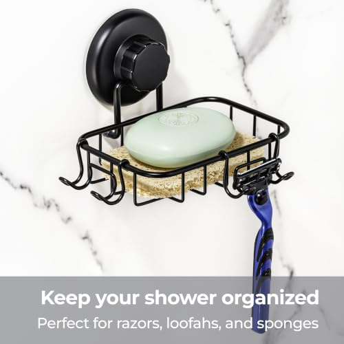 HASKO 2 Pack Suction Cup Soap Dish for Shower Wall, Rustproof Stainless Steel, Shower Soap Holder with Hooks, Includes Optional No Drill Adhesive Mount for Bathroom, 2 Soap Savers, Black