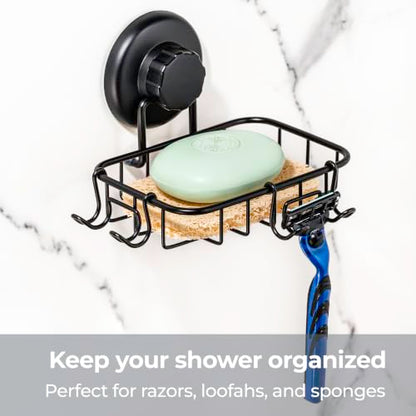 HASKO 2 Pack Suction Cup Soap Dish for Shower Wall, Rustproof Stainless Steel, Shower Soap Holder with Hooks, Includes Optional No Drill Adhesive Mount for Bathroom, 2 Soap Savers, Black
