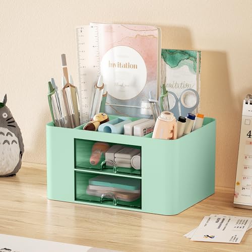 Marbrasse Pen Organizer with 2 Drawer, Multi-Functional Pencil Holder for Desk, Desk Organizers and Accessories with 5 Compartments + Drawer for Office Art Supplies (Green)